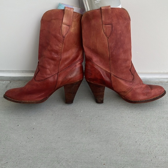 Vintage 70s 80s Rust Red Leather Distressed Rugged Heeled Western Cowgirl Boots - Picture 3 of 7
